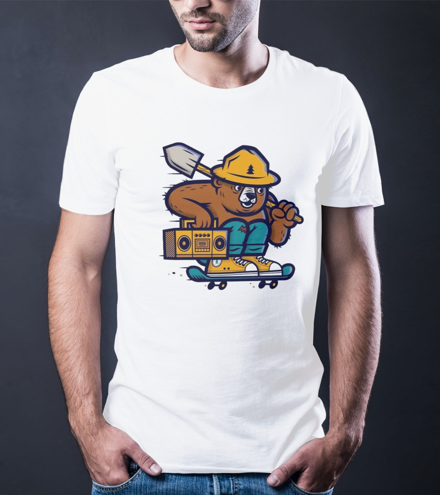 ```Wildfire Relief Bear Skateboarding With Boombox And Shovel``` T-Shirt