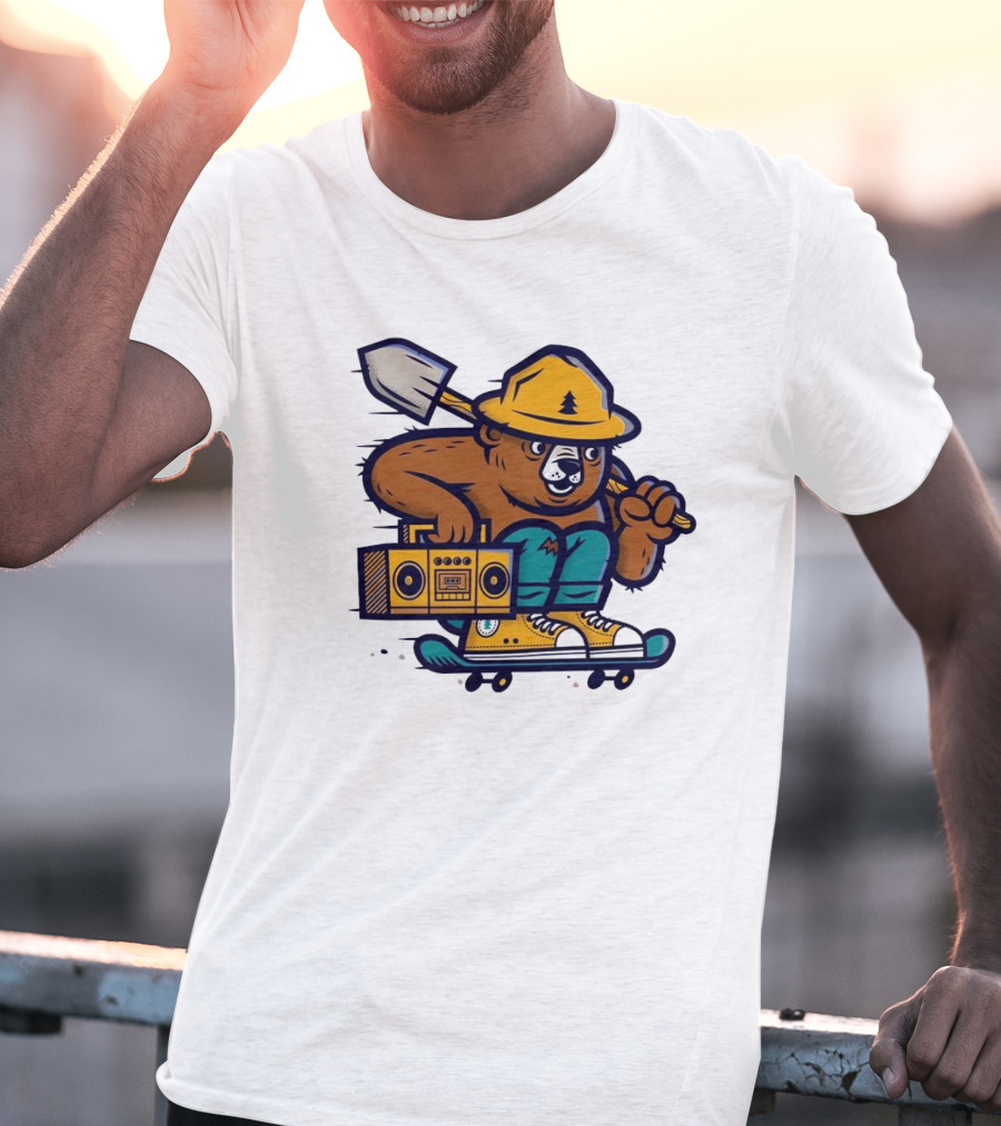 ```Wildfire Relief Bear Skateboarding With Boombox And Shovel``` T-Shirt