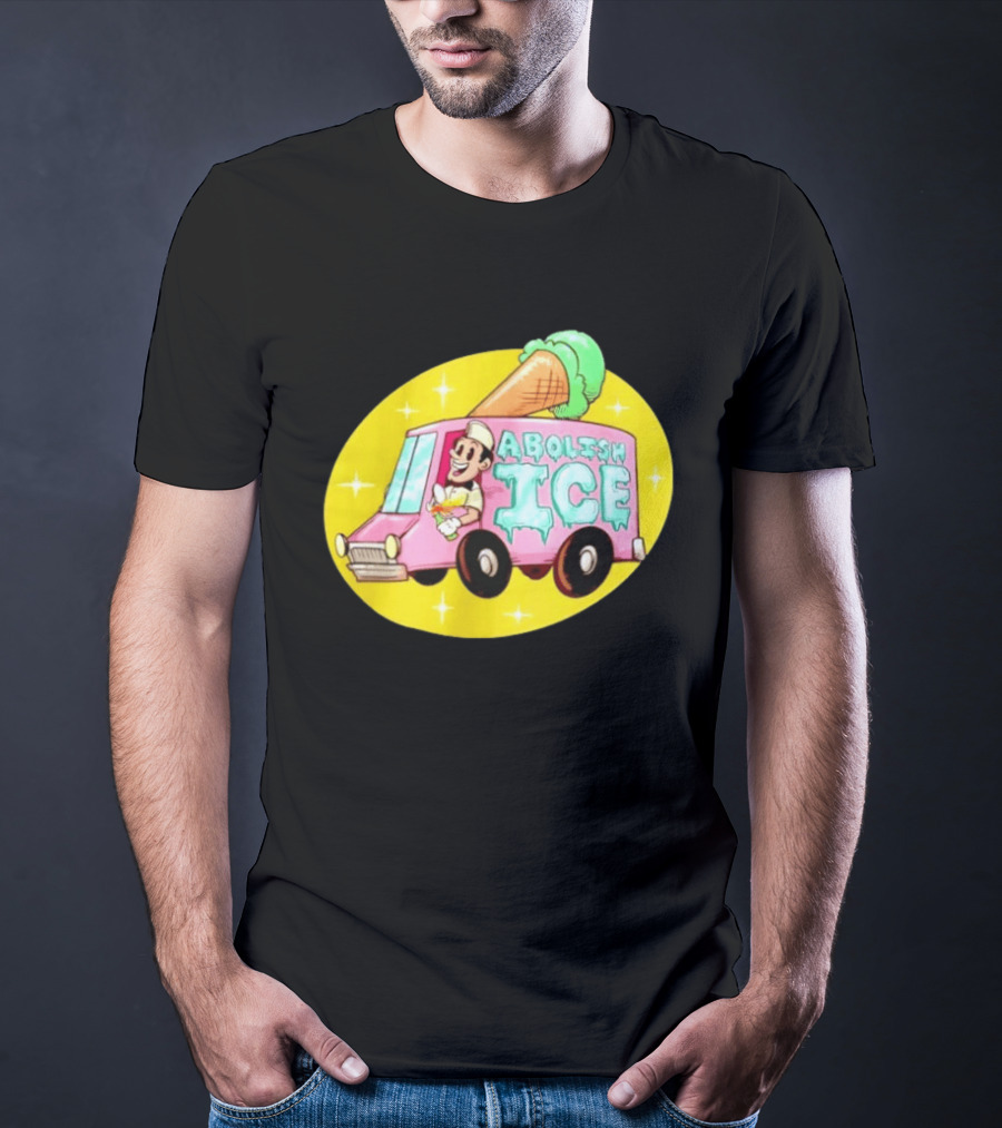 Abolish Ice Pink Ice Cream Truck With Melting Cone On Yellow T-Shirt
