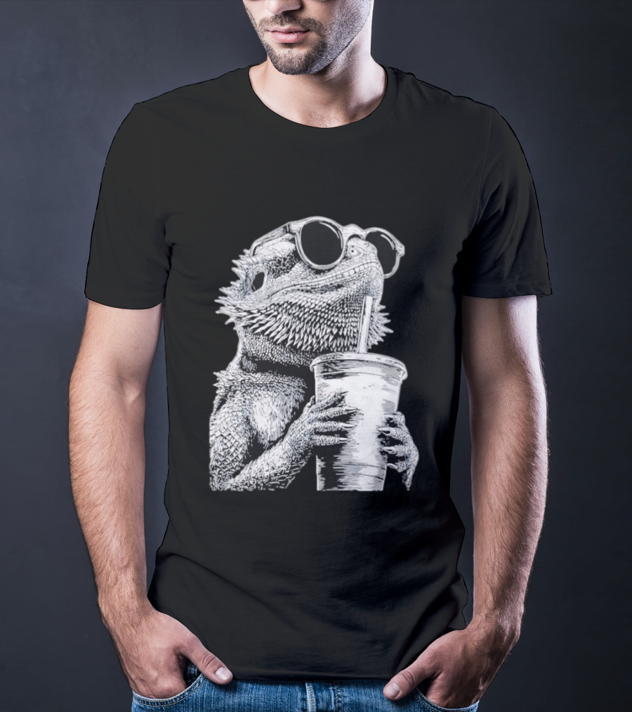 Bearded Dragon With Sunglasses Drinking Iced Coffee T-Shirt
