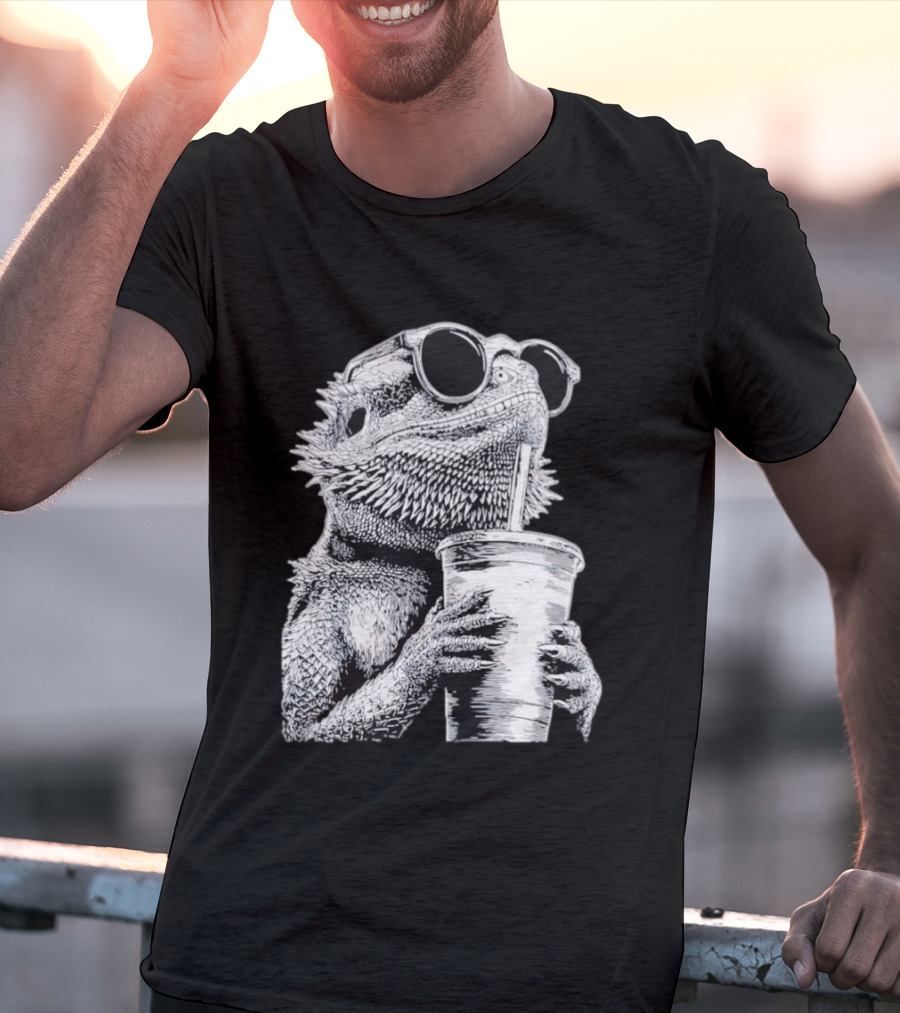 Bearded Dragon With Sunglasses Drinking Iced Coffee T-Shirt