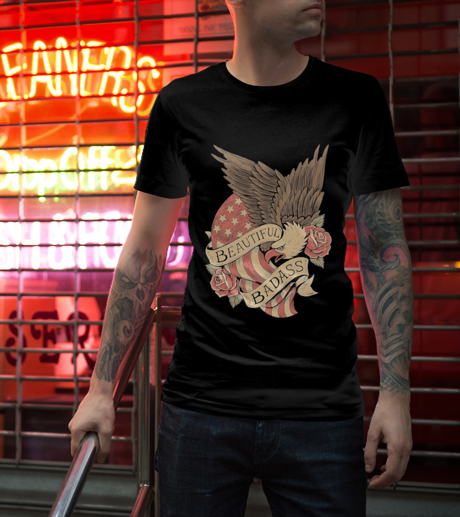 Beautiful Badass Eagle With American Flag And Roses T-Shirt