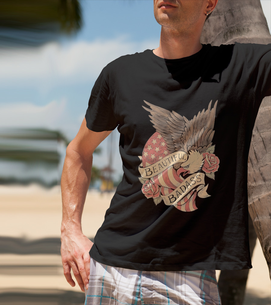 Beautiful Badass Eagle With American Flag And Roses T-Shirt