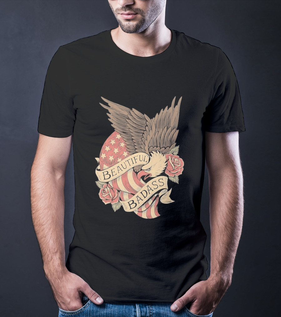 Beautiful Badass Eagle With American Flag And Roses T-Shirt