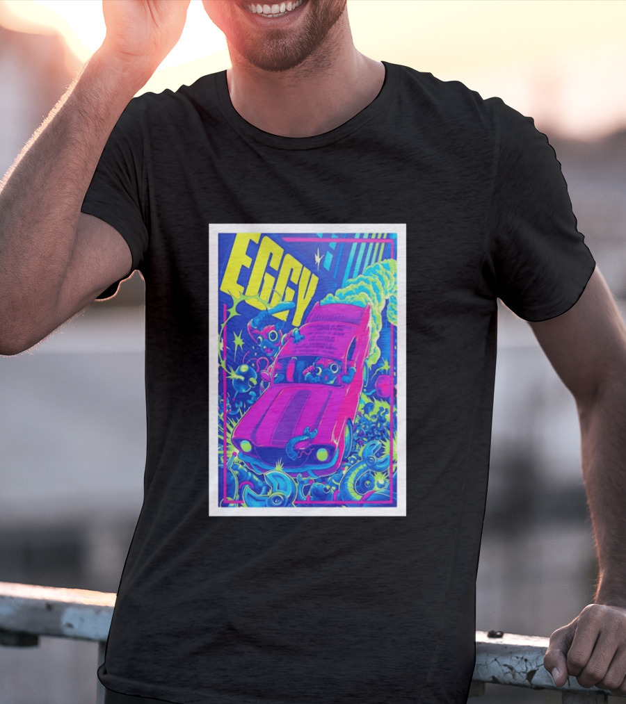 Eggy March 8 2026 The Burl Show Retro Neon Car Adventure T-Shirt