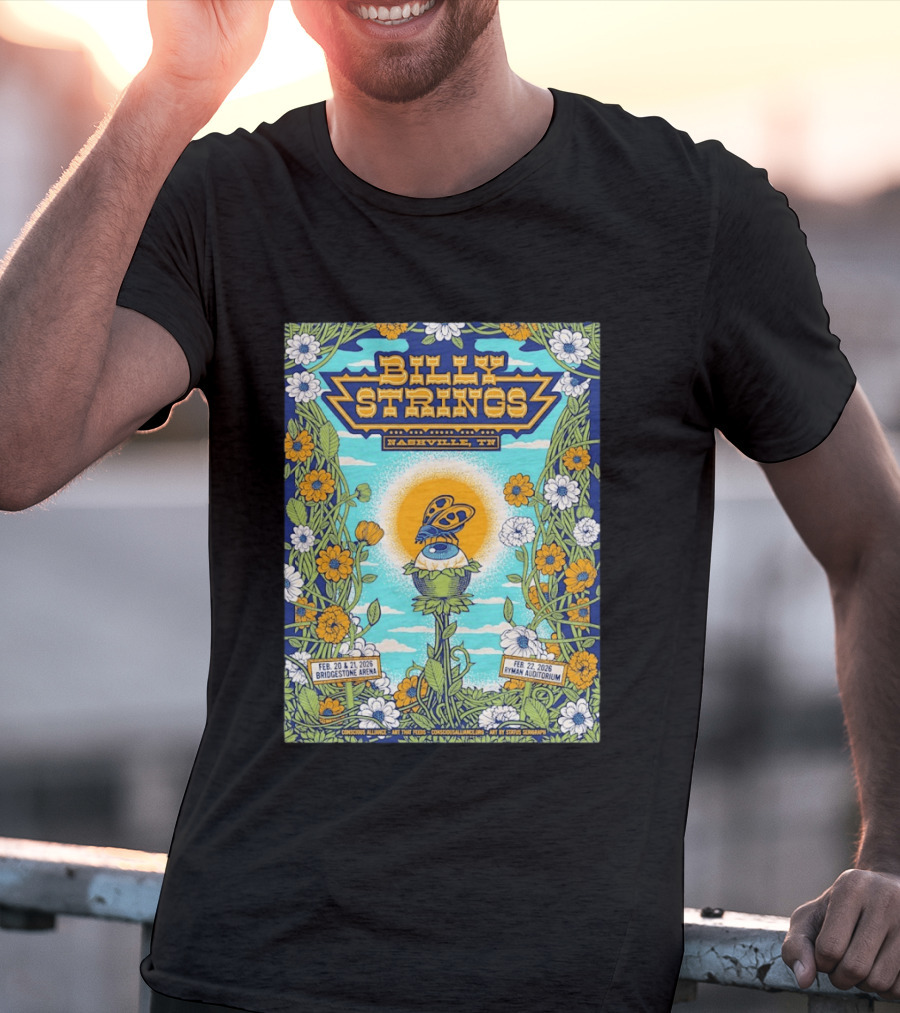 Billy Strings Nashville TN Bridgestone Arena Ryman Auditorium February 2026 Butterfly Flowers T-Shirt
