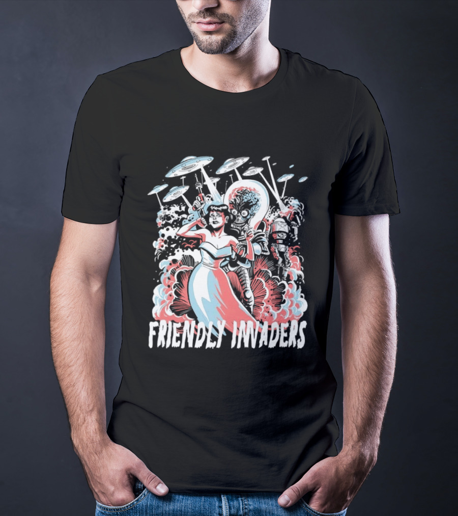 Friendly Invaders Retro UFO Invasion Art With Vintage Sci Fi T-Shirt