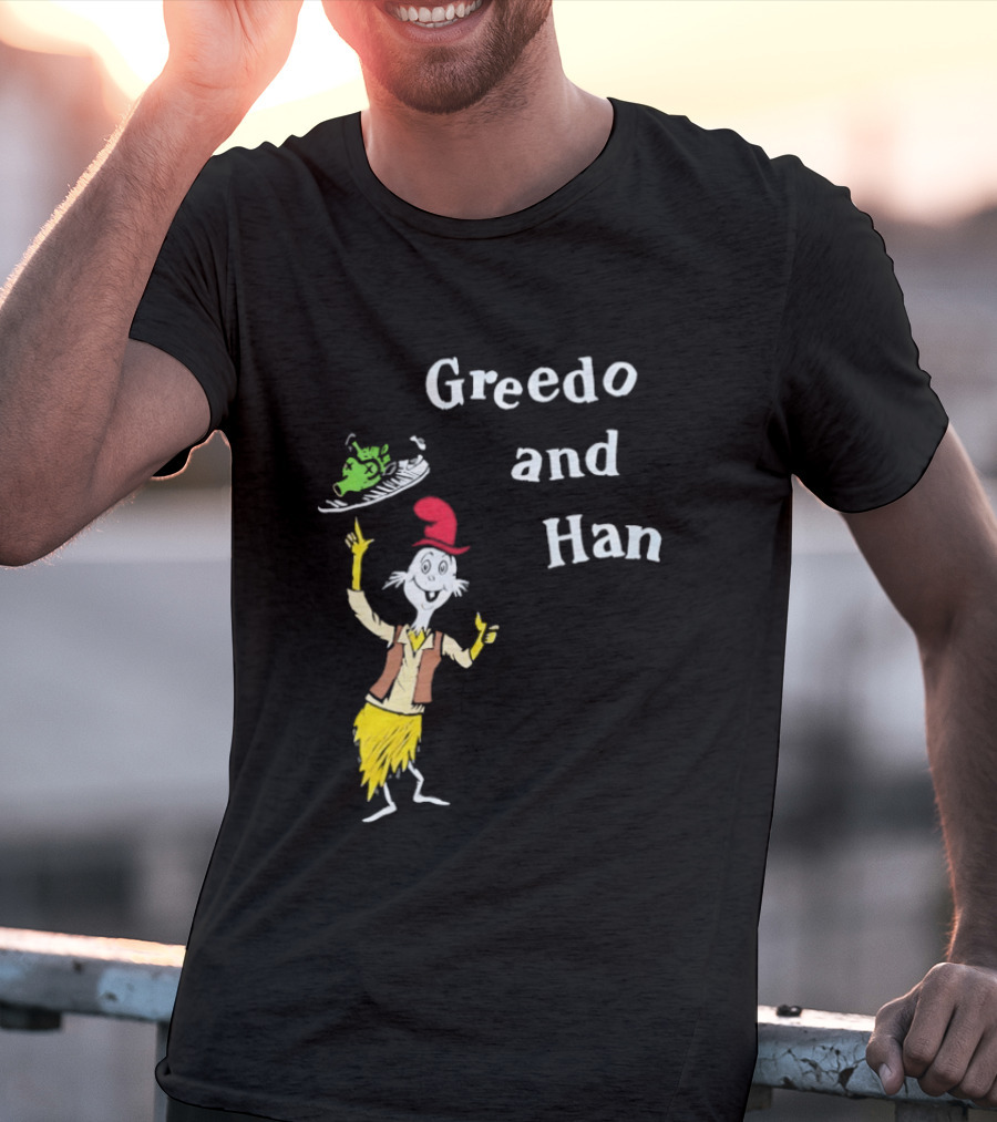 Greedo And Han Whimsical Cartoon Character Balancing Act T-Shirt