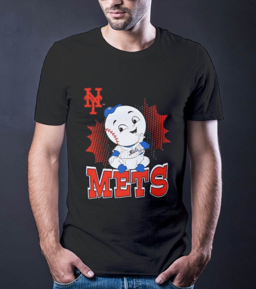 NY Mets Mr. Met Cartoon Character With Baseball And Team T-Shirt