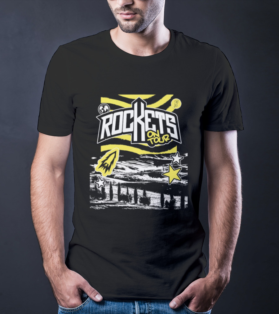 Rockets On Tour Bold Text With Yellow Stars And Rocketship T-Shirt