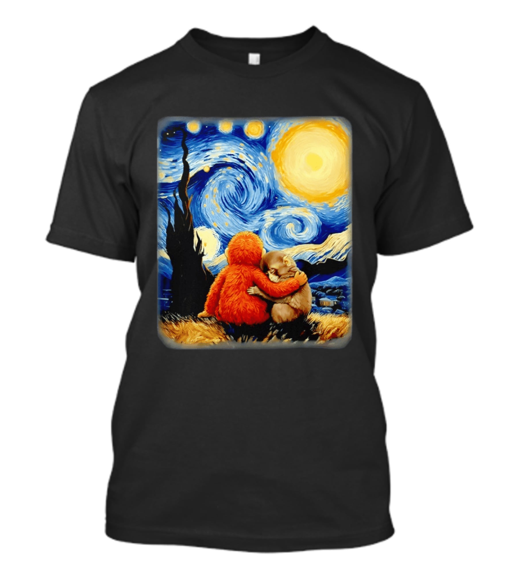 Punch Kun Panchi Kun Van Gogh Monkey Punch Starry Night Hugging Scene T-Shirt