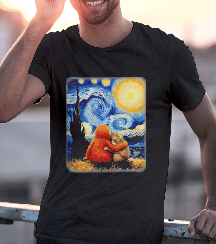 Punch Kun Panchi Kun Van Gogh Monkey Punch Starry Night Hugging Scene T-Shirt