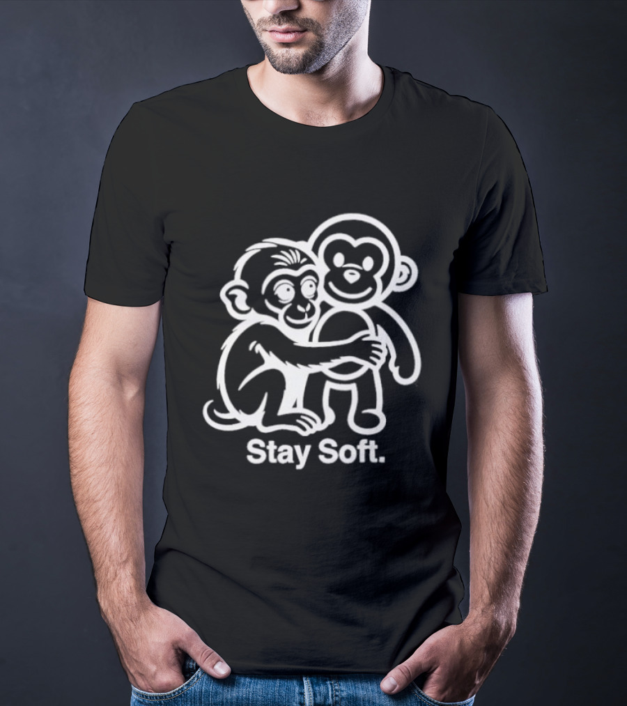 Stay Soft Monkey Hugging Monkey White Line T-Shirt