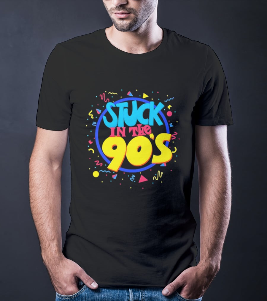 Stuck In The 90s Colorful Retro Vibes With Bold Typography And 90s T-Shirt