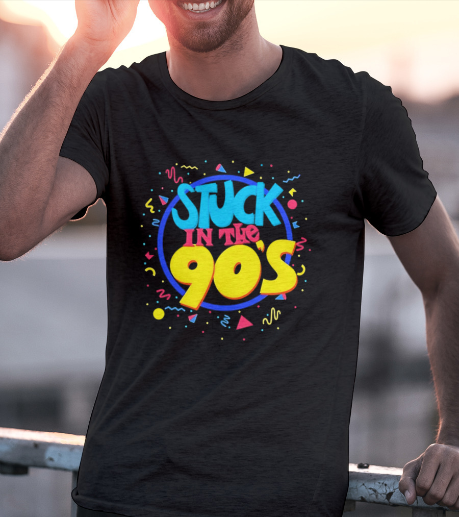 Stuck In The 90s Colorful Retro Vibes With Bold Typography And 90s T-Shirt