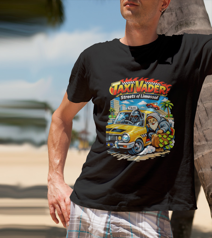 Taxi Vader Streets Of Limassol Adventure With Iconic Characters And Yellow Cab In Cityscape T-Shirt