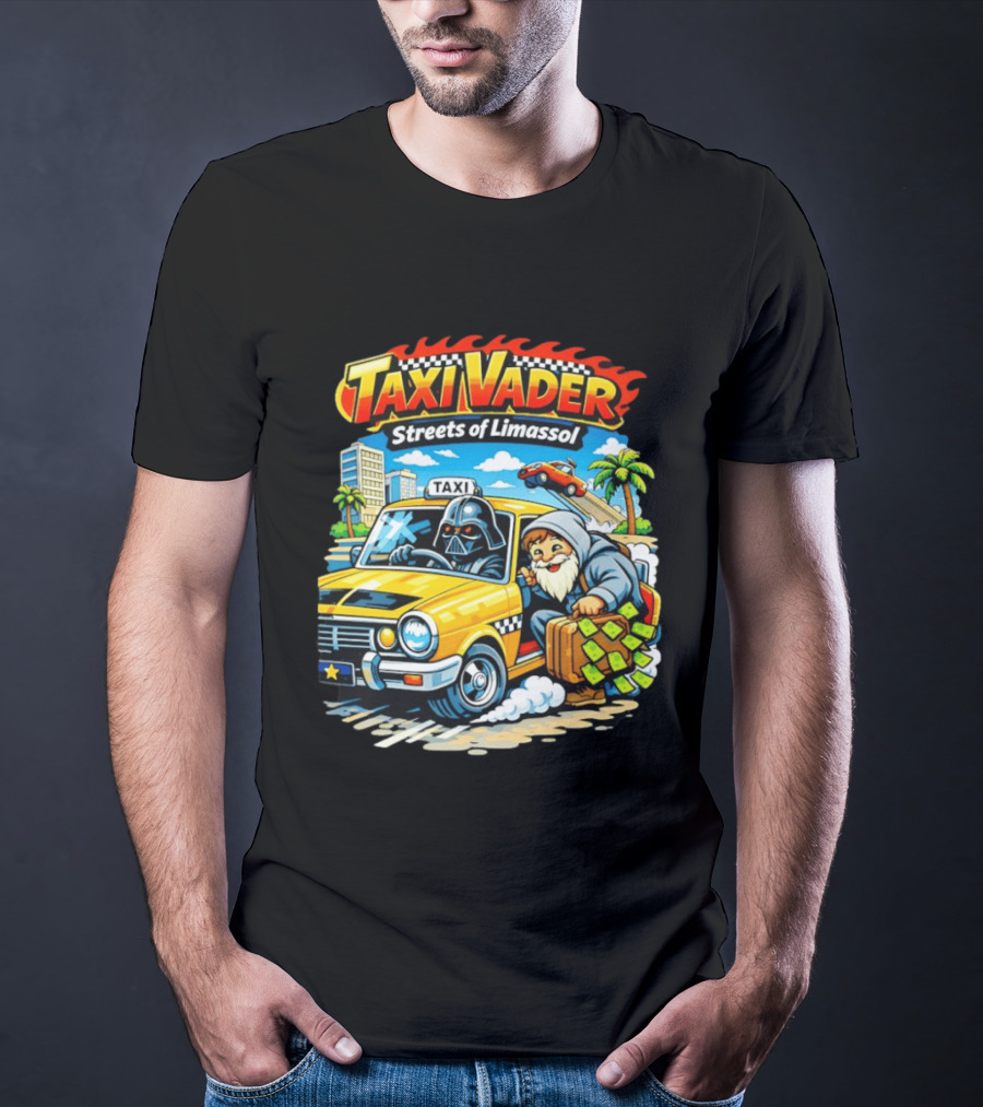 Taxi Vader Streets Of Limassol Adventure With Iconic Characters And Yellow Cab In Cityscape T-Shirt