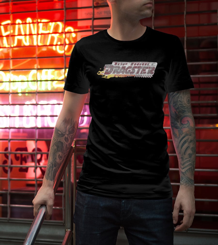 Top Thrill Dragster Flames And Racing Checkered Accents T-Shirt