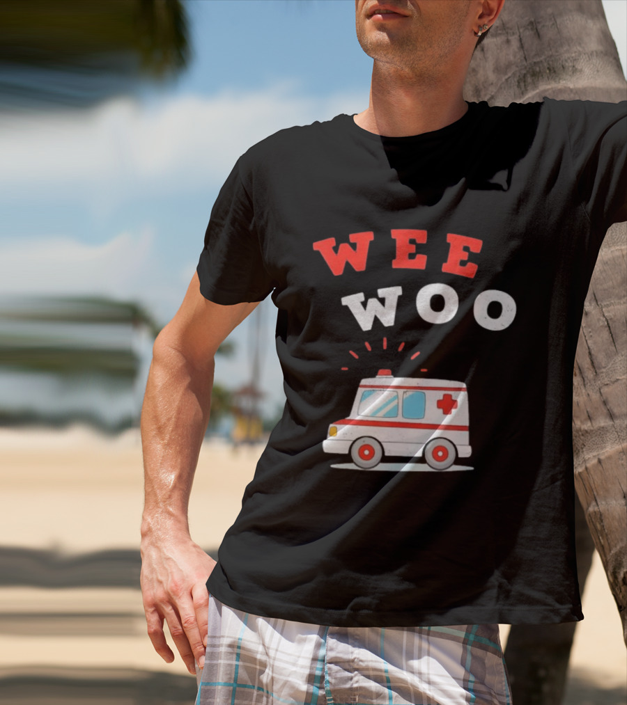 Wee Woo Cartoon Ambulance Emergency Vehicle Rescue Red And White T-Shirt