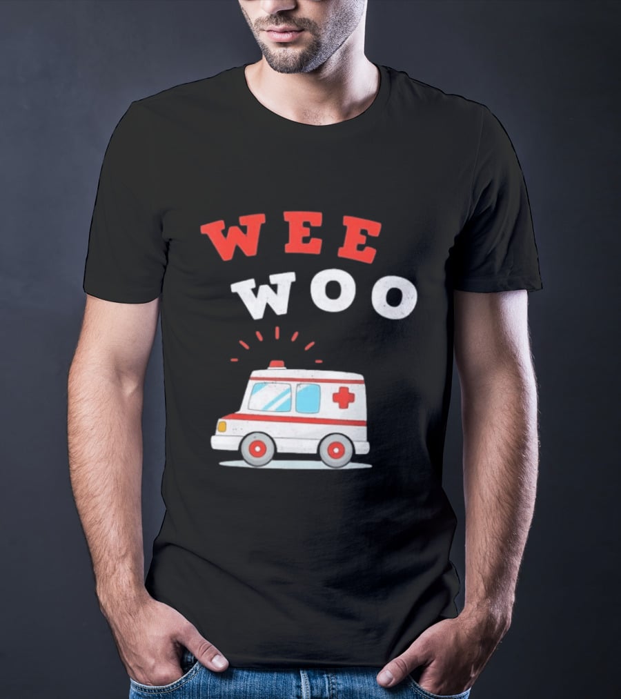 Wee Woo Cartoon Ambulance Emergency Vehicle Rescue Red And White T-Shirt