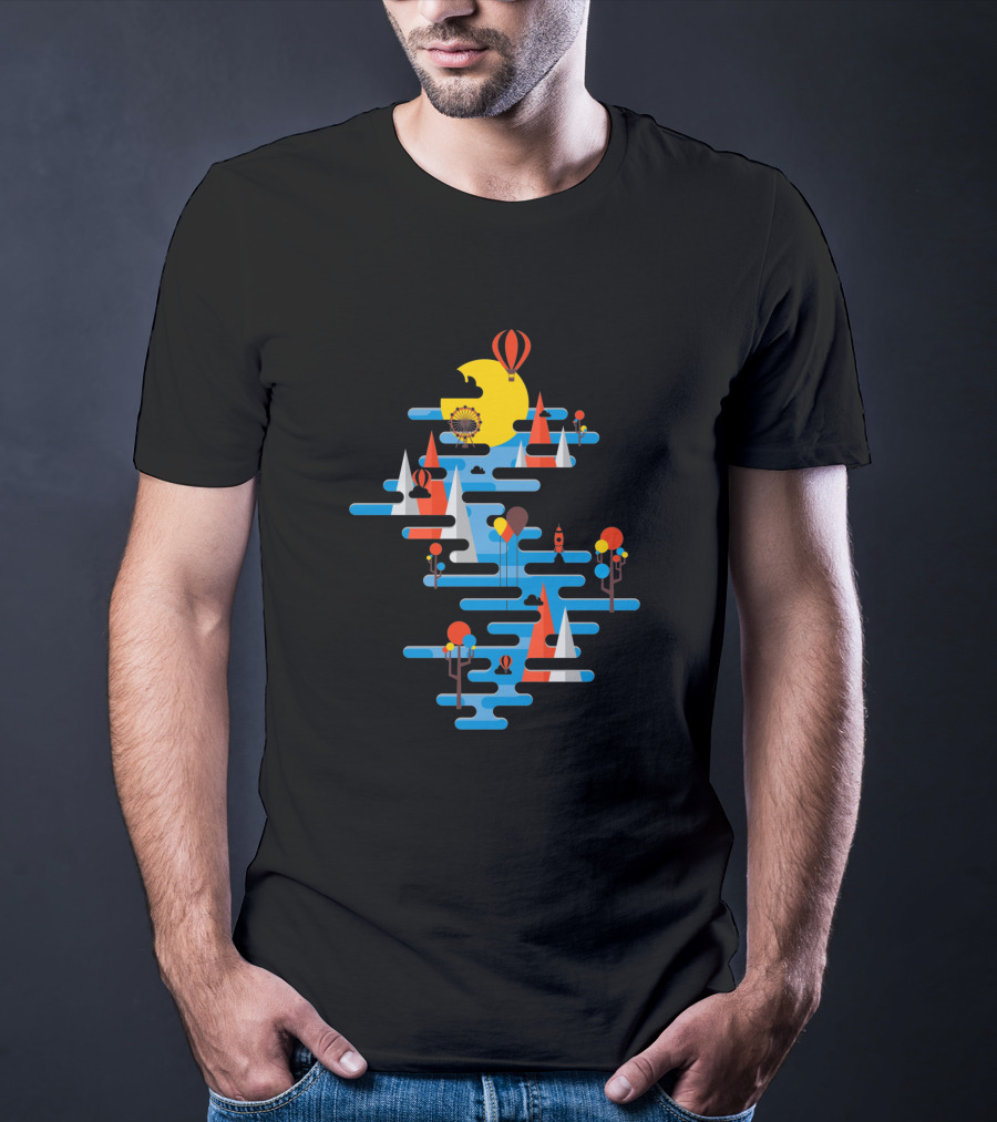 A Beautiful Day Hot Air Balloons Sailing Sun And Geometric Landscape T-Shirt