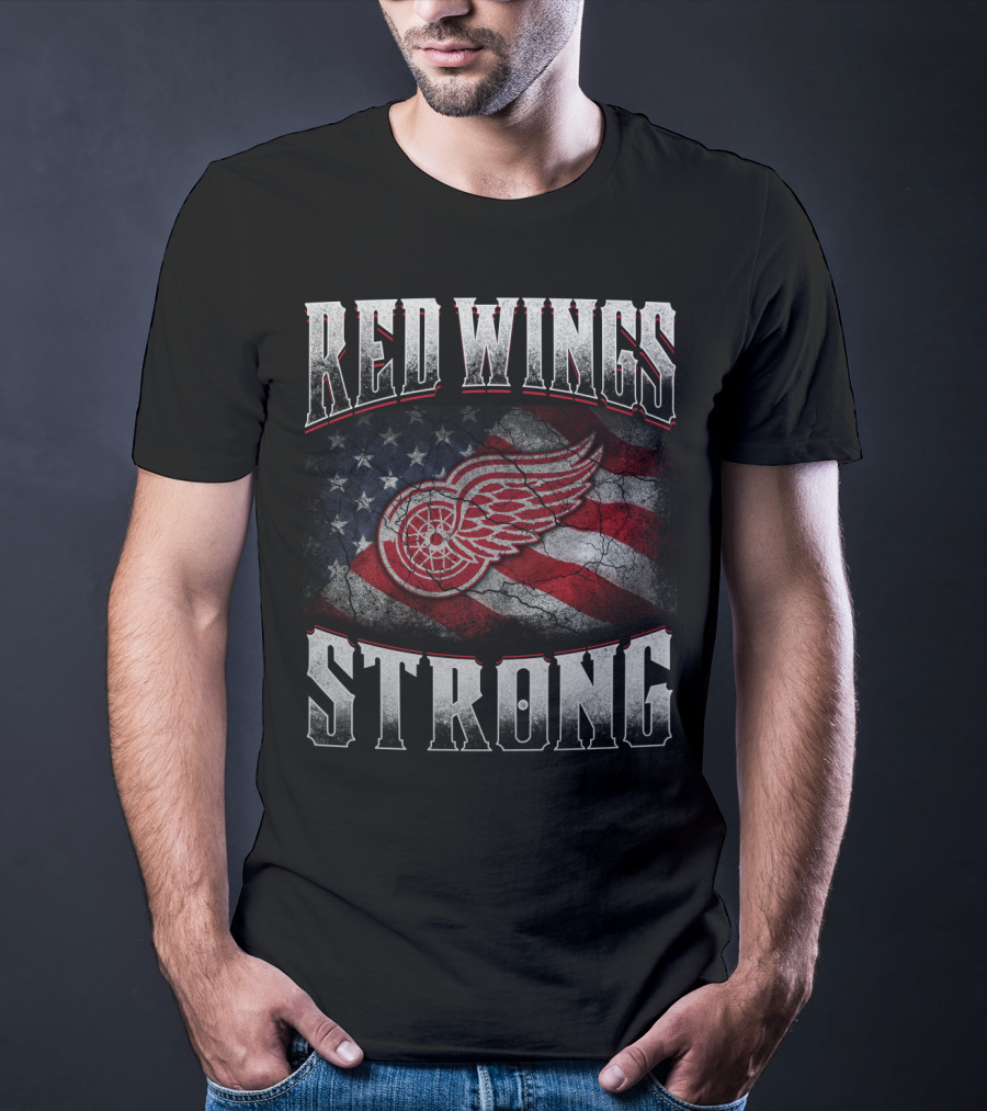 Red Wings Strong American Flag Winged Wheel T-Shirt