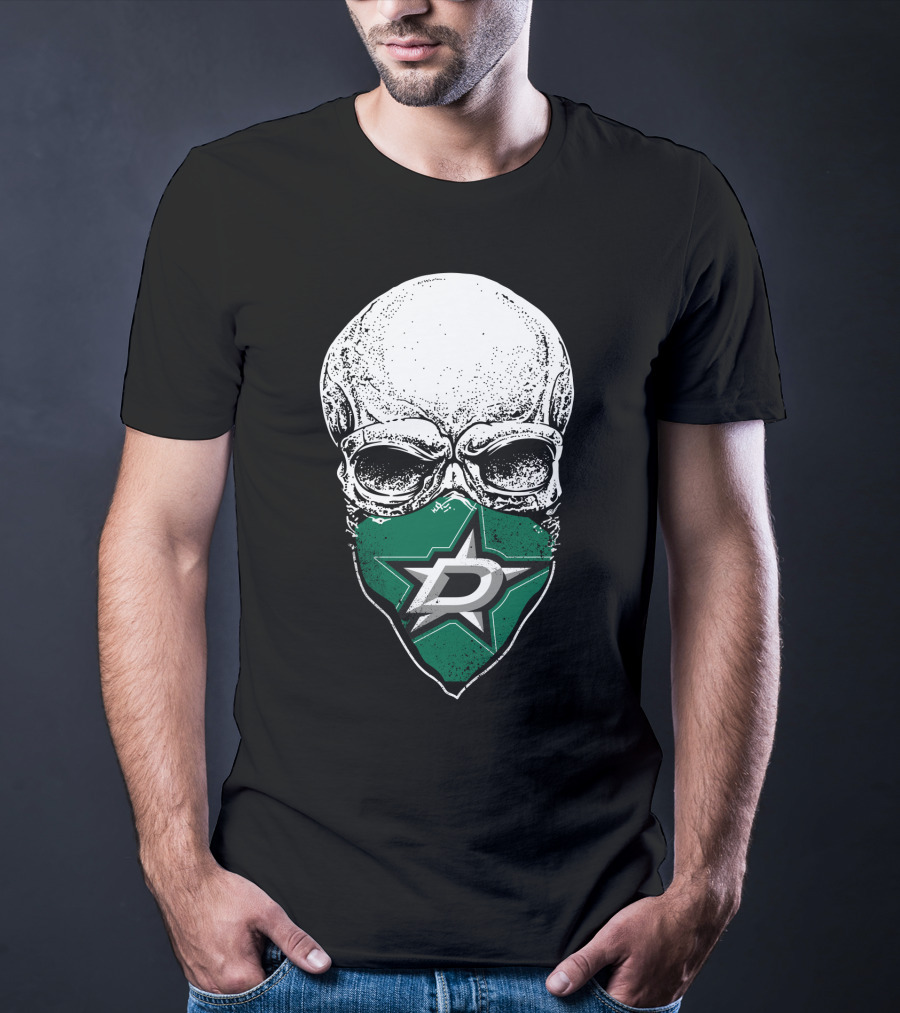 Dallas Stars Skull Mask With Team Logo On Black T-Shirt