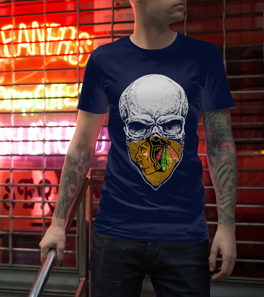 Skull With Native American Mask Blackhawks Logo Inspired T-Shirt