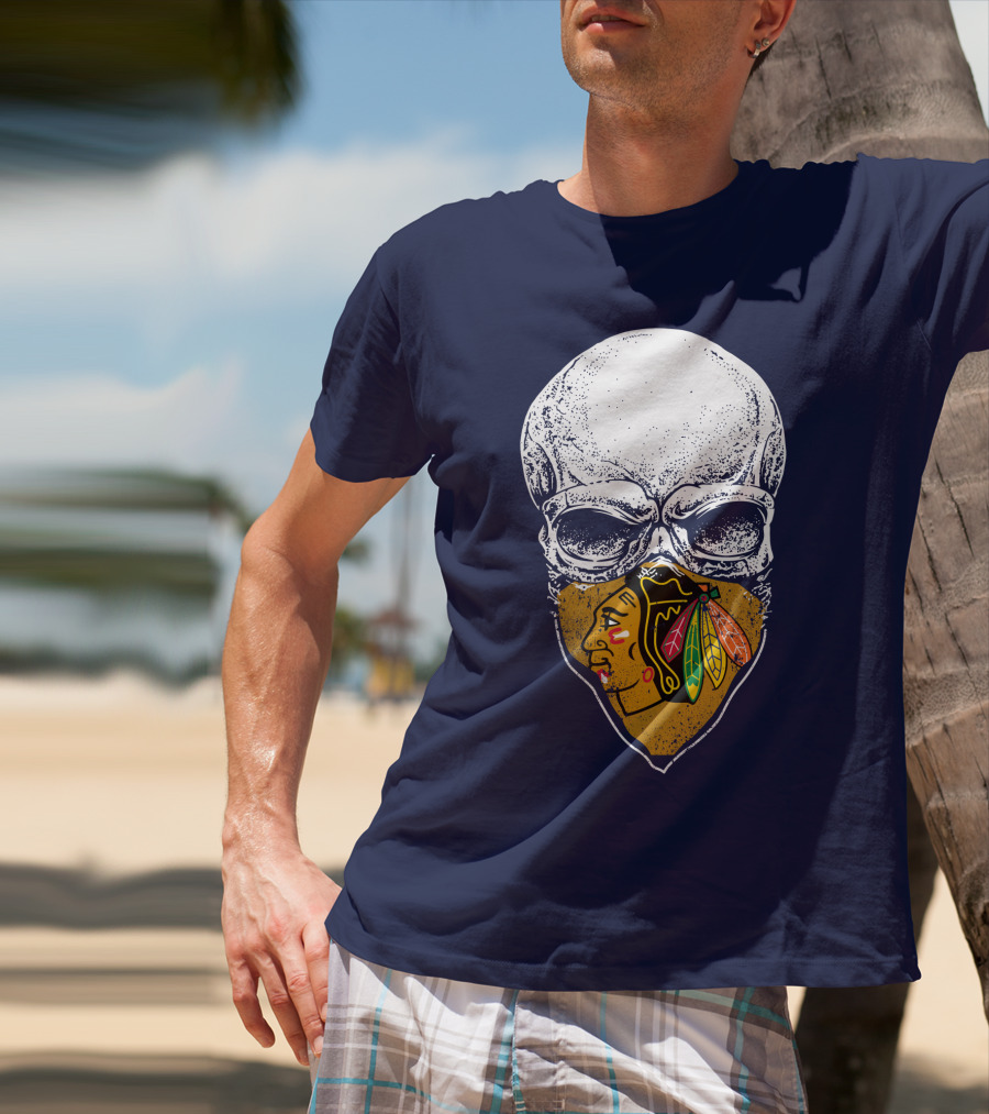 Skull With Native American Mask Blackhawks Logo Inspired T-Shirt