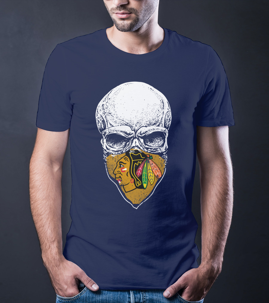 Skull With Native American Mask Blackhawks Logo Inspired T-Shirt