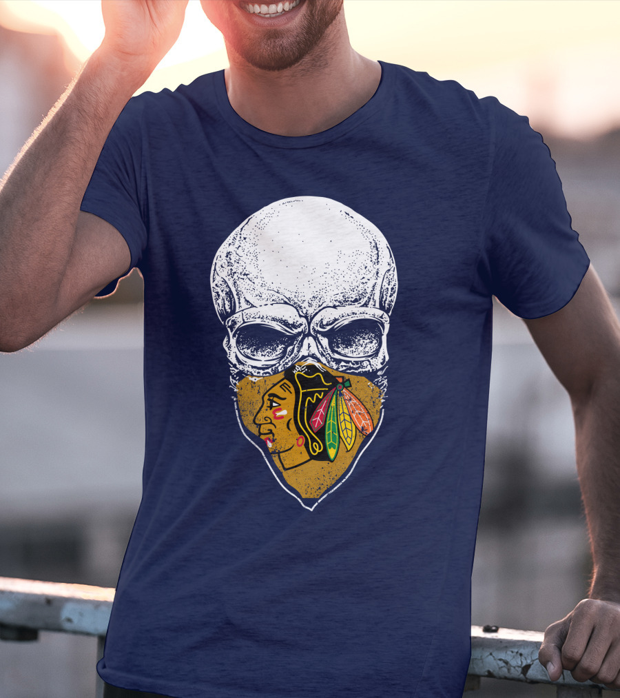 Skull With Native American Mask Blackhawks Logo Inspired T-Shirt