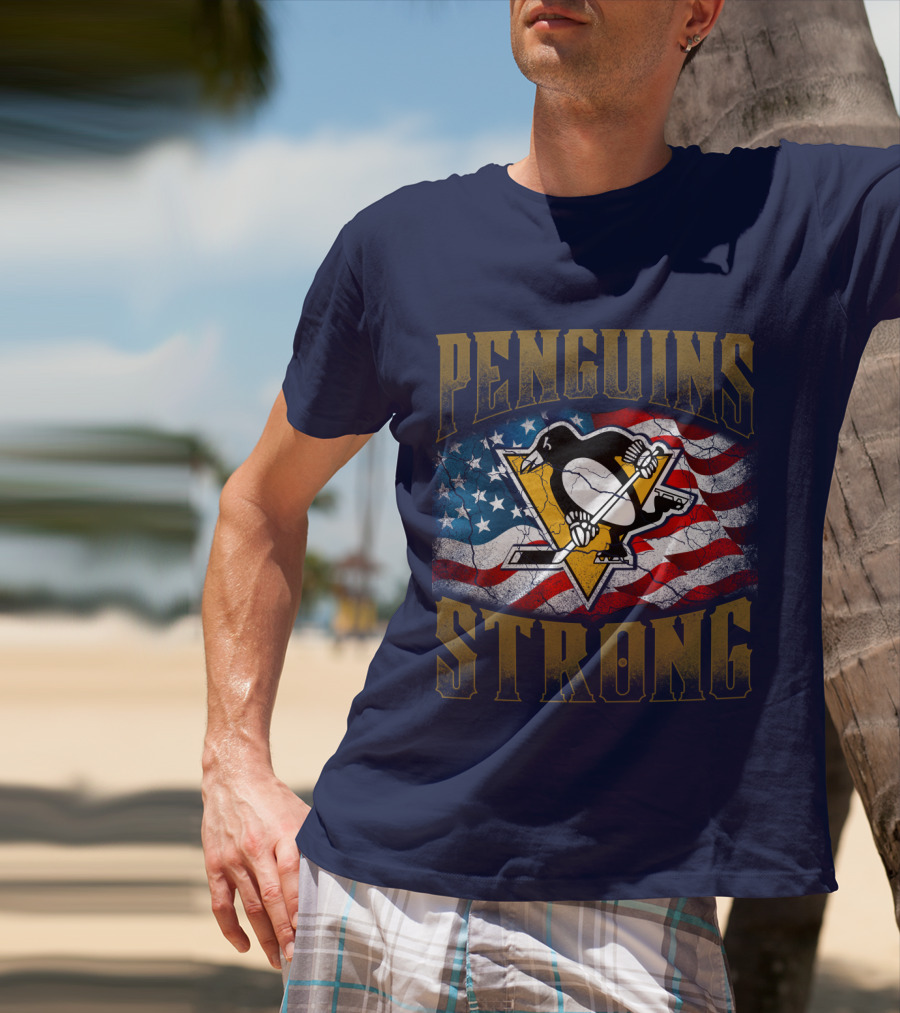 Penguins Strong American Flag Hockey T-Shirt