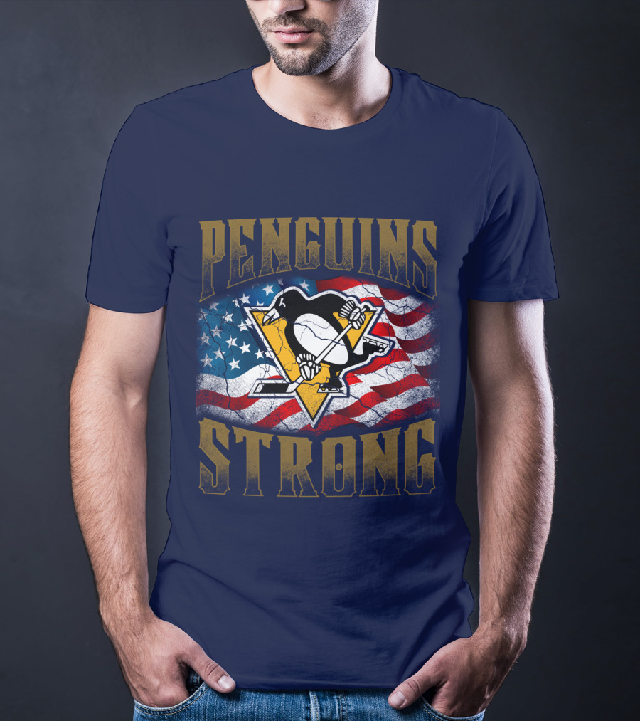 Penguins Strong American Flag Hockey T-Shirt