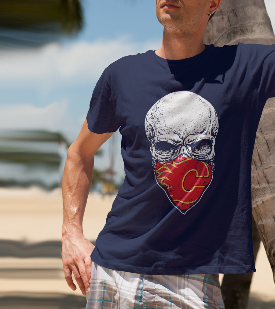 Skull With Calgary Flames Logo Facemask T-Shirt