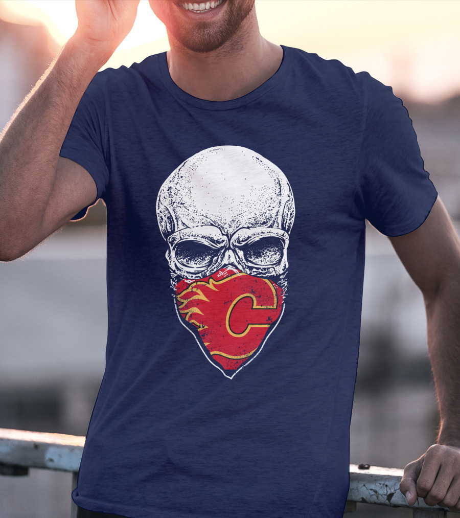 Skull With Calgary Flames Logo Facemask T-Shirt