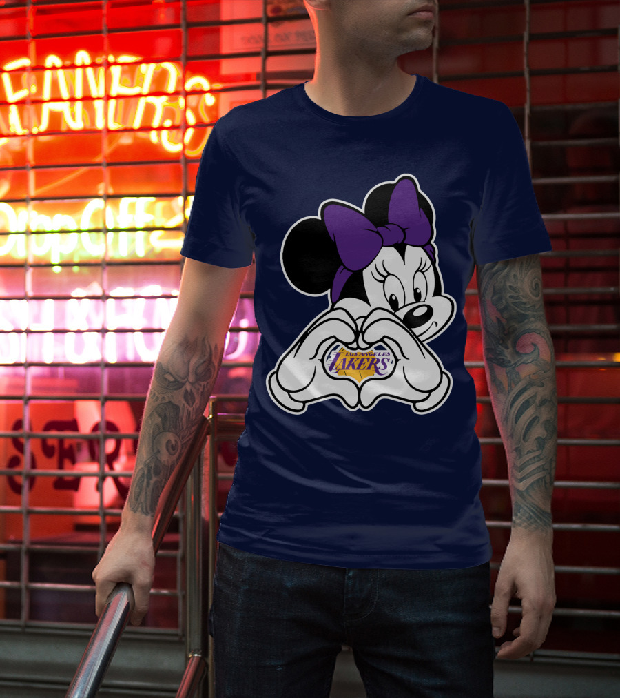 Minnie Mouse Heart Hands Los Angeles Lakers Purple Bow T-Shirt