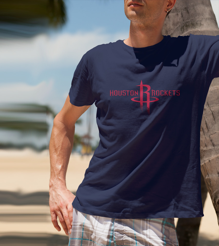 Houston Rockets Nba Red Logo On Dark Blue T-Shirt