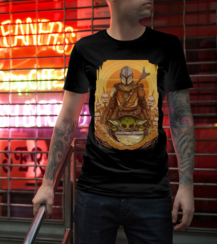 Mandalorian And Baby Yoda With Stormtroopers And Orange Sunset Scene T-Shirt