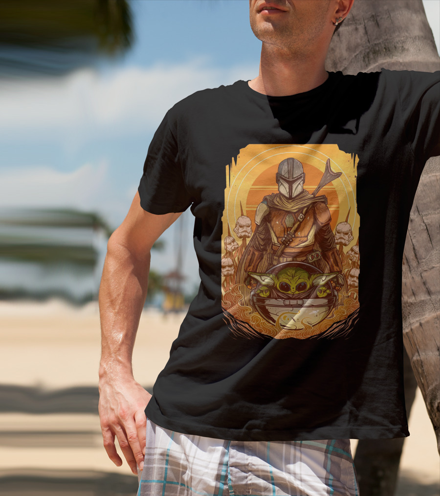 Mandalorian And Baby Yoda With Stormtroopers And Orange Sunset Scene T-Shirt
