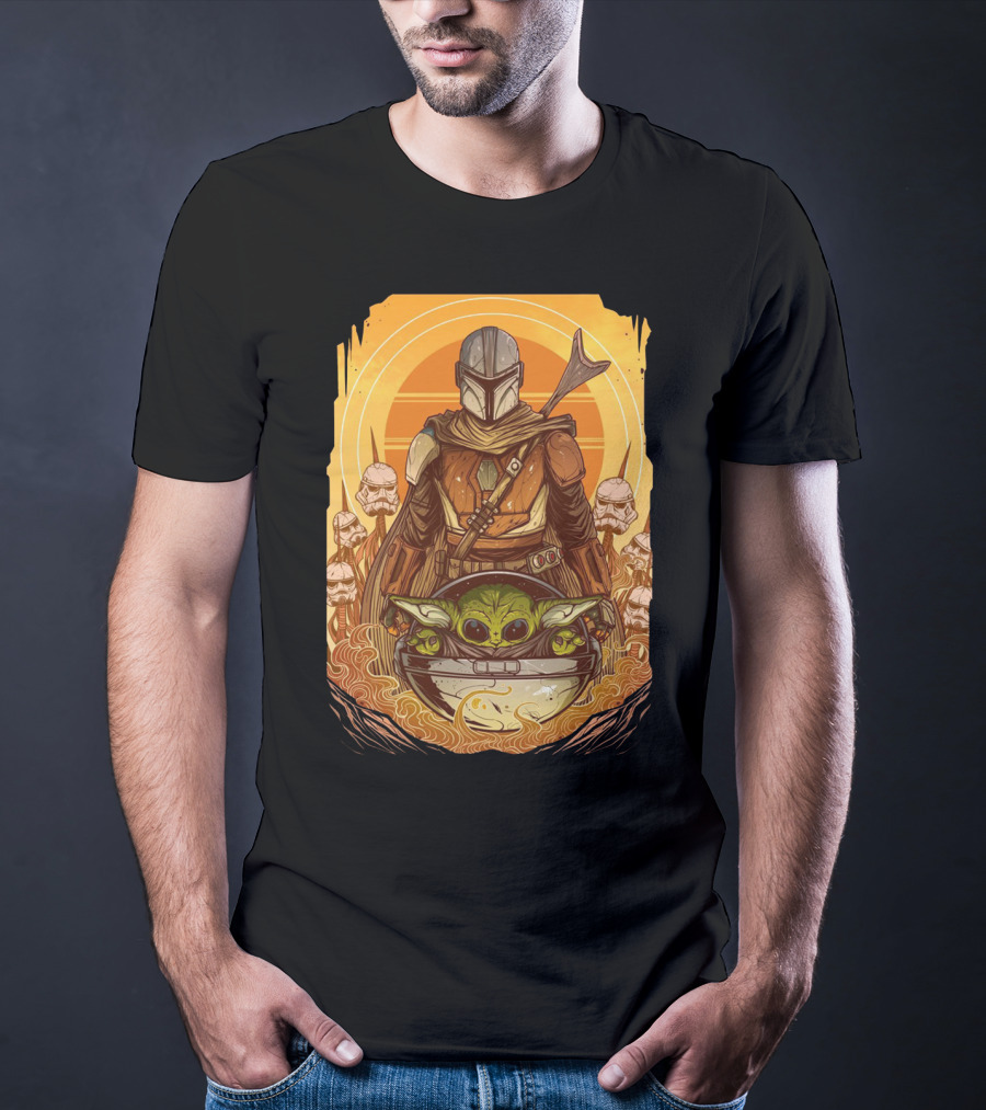 Mandalorian And Baby Yoda With Stormtroopers And Orange Sunset Scene T-Shirt