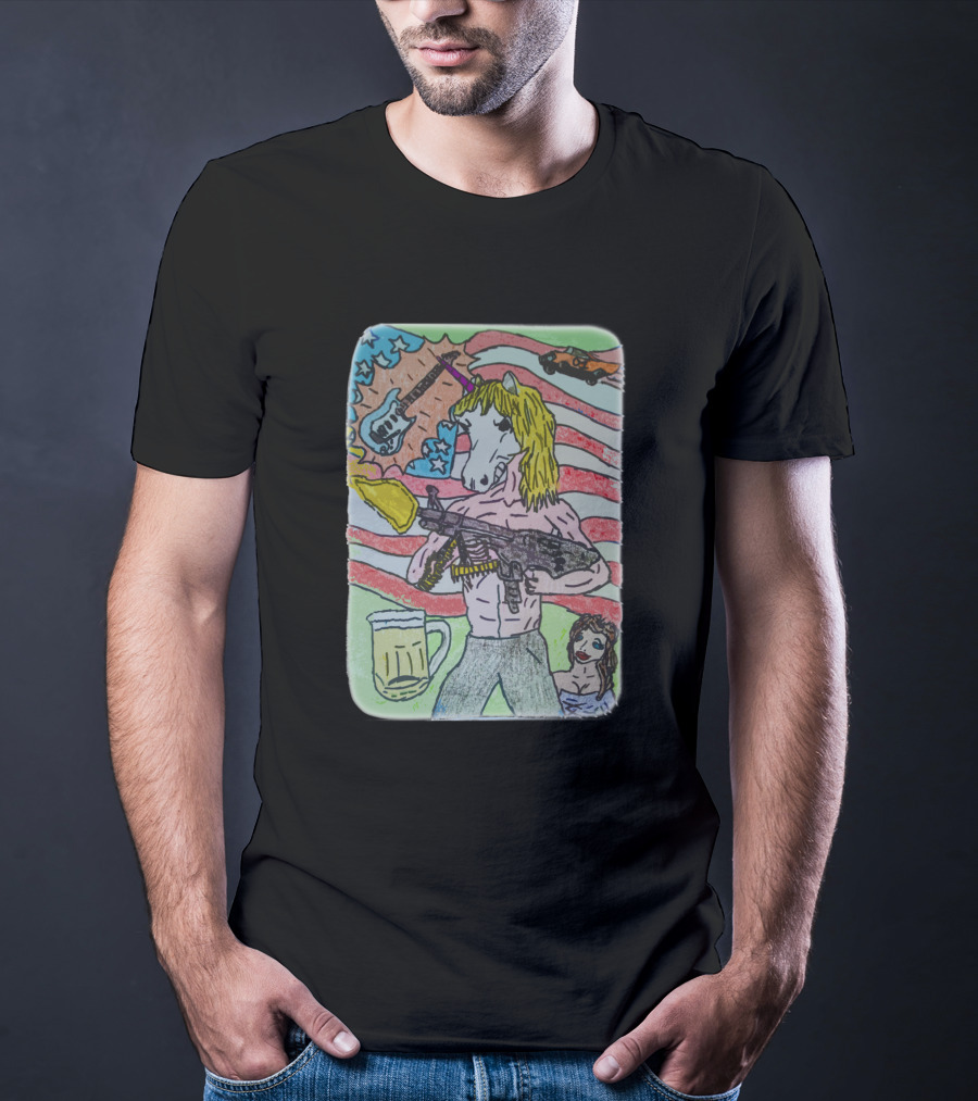 Unicorn Rocker With Guitar And Beer In Hand Against Stars And Stripes With Car T-Shirt