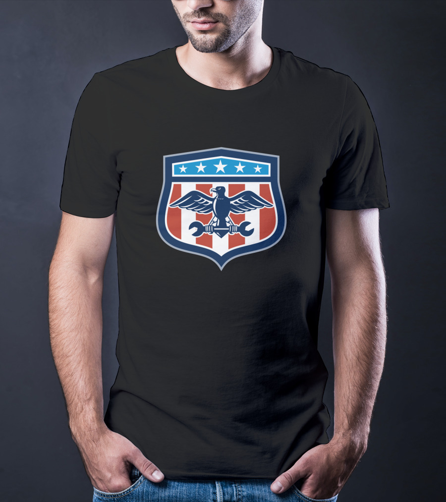 American Eagle Mechanic Crest USA Flag Shield T-Shirt