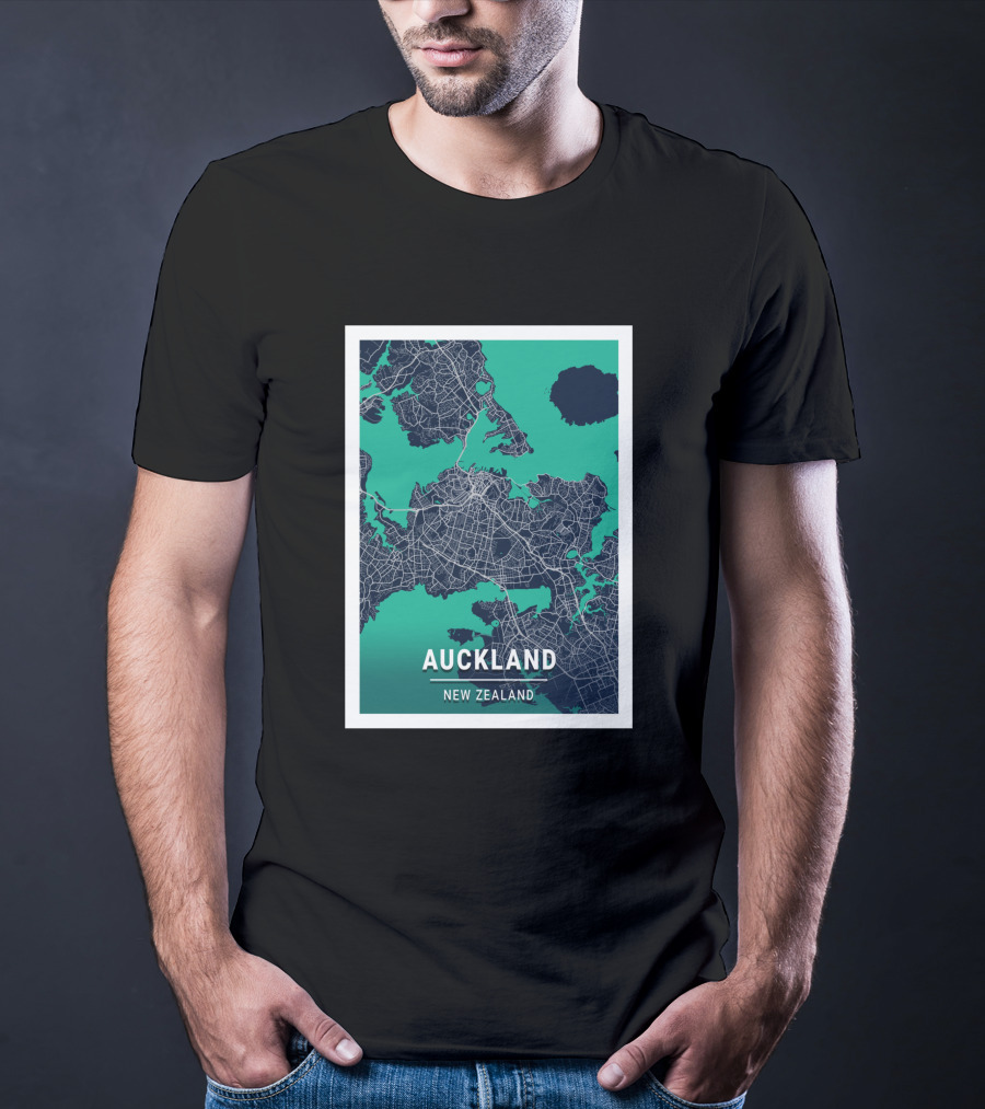 Auckland New Zealand City Map In Blue And Green Outlined T-Shirt