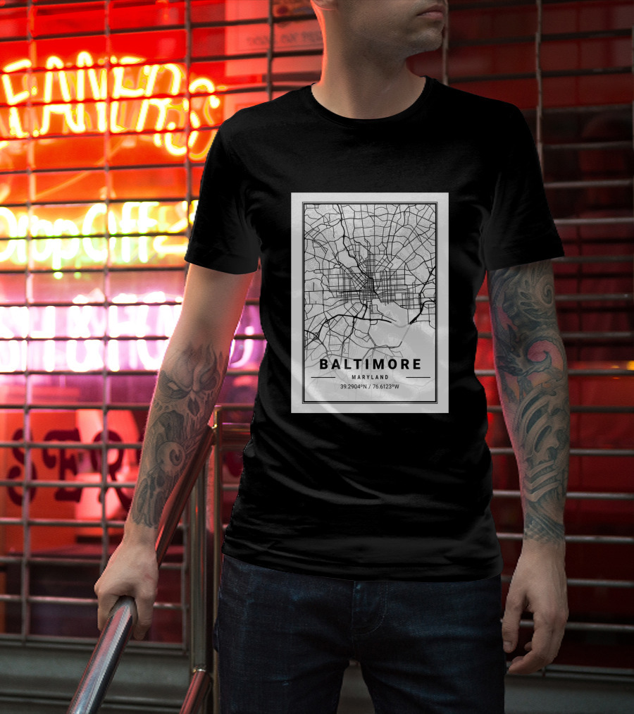 Baltimore Maryland City Map Coordinates 39.2904°N 76.6123°W T-Shirt