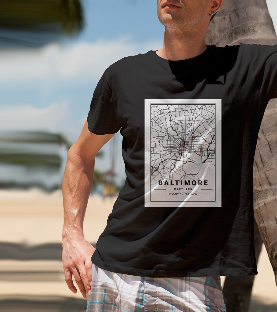Baltimore Maryland City Map Coordinates 39.2904°N 76.6123°W T-Shirt