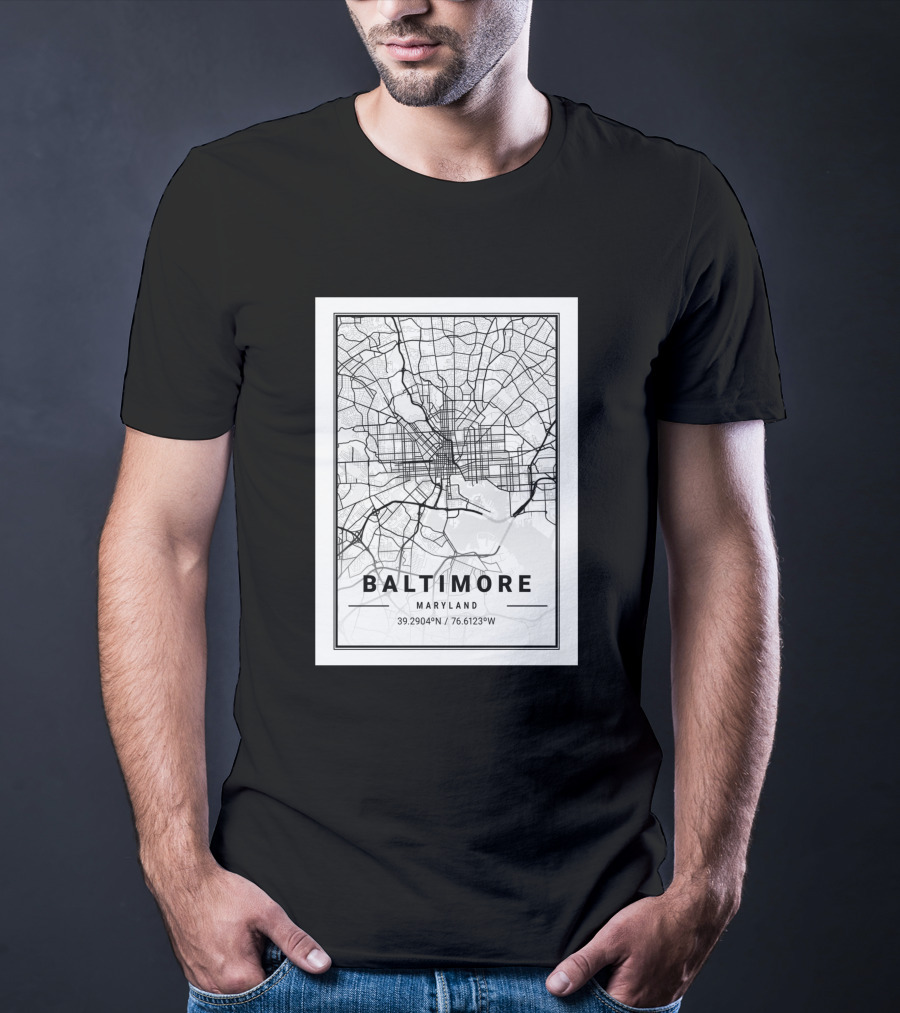 Baltimore Maryland City Map Coordinates 39.2904°N 76.6123°W T-Shirt