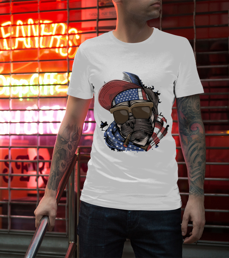 Pit Bull Boss American Flag Sunglasses Bandana Cigar Cool Dog T-Shirt
