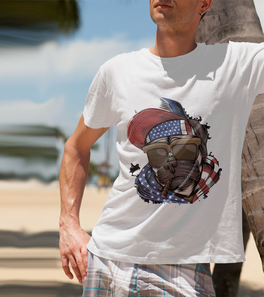 Pit Bull Boss American Flag Sunglasses Bandana Cigar Cool Dog T-Shirt