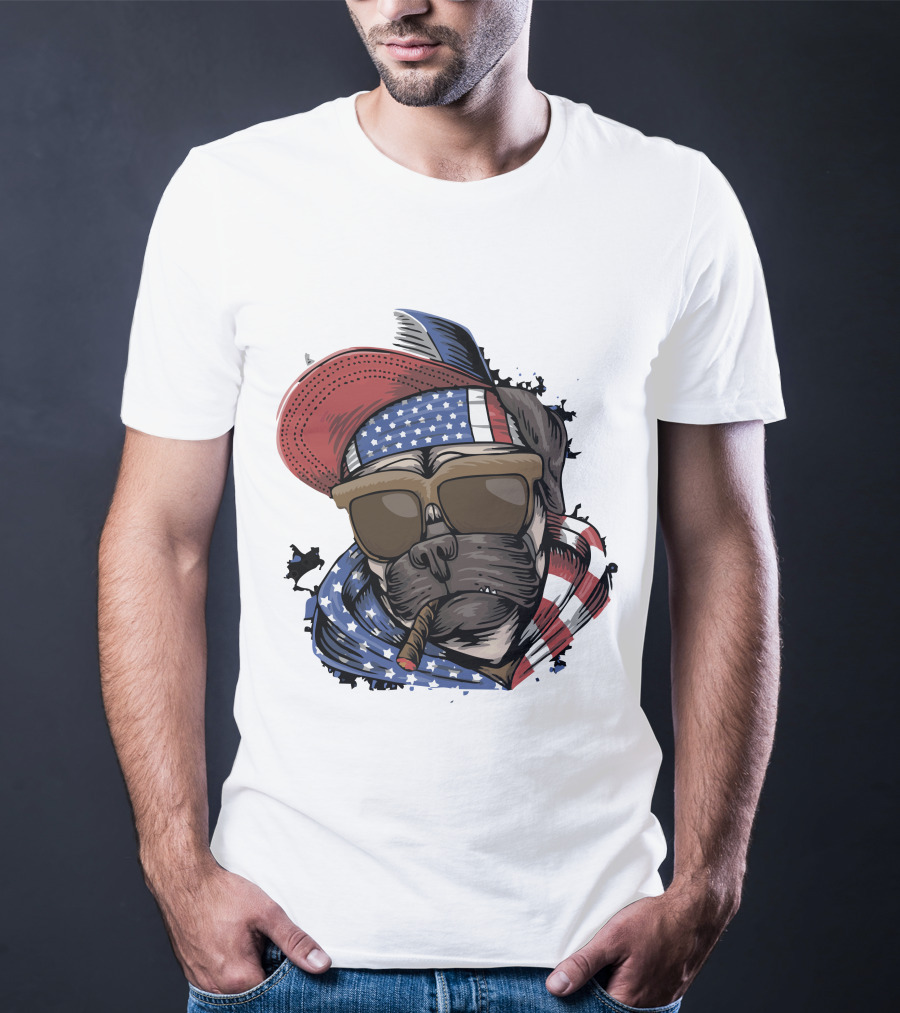 Pit Bull Boss American Flag Sunglasses Bandana Cigar Cool Dog T-Shirt