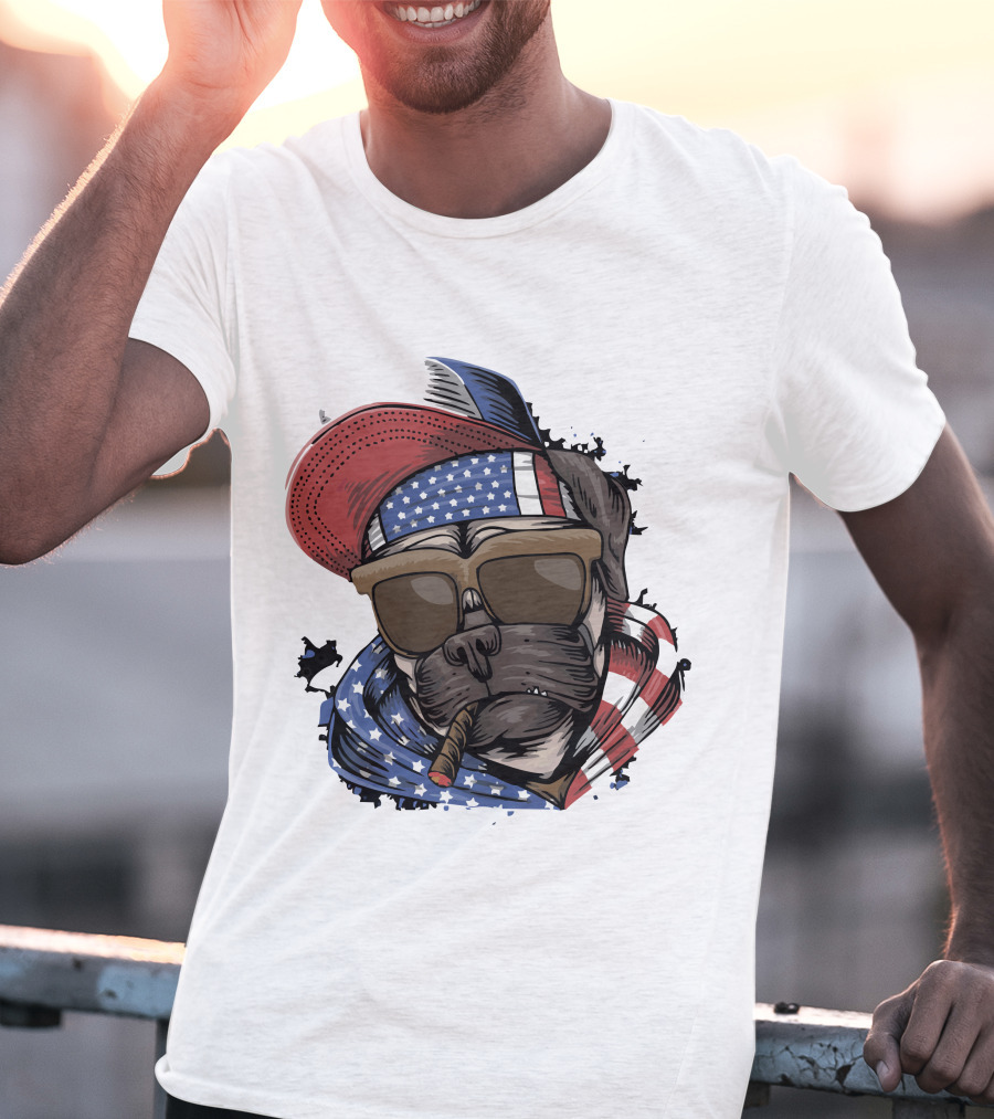 Pit Bull Boss American Flag Sunglasses Bandana Cigar Cool Dog T-Shirt